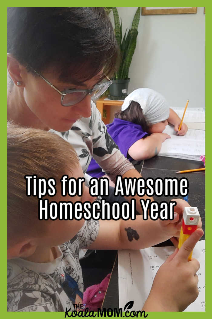 Tips for an Awesome Homeschool Year. Photo of mom helping two kids with math by Bonnie Way.