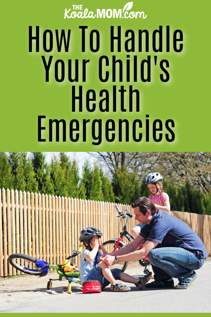 How To Handle Your Child's Health Emergencies. Stock photo of dad with first aid kit helping a child after a bike accident.