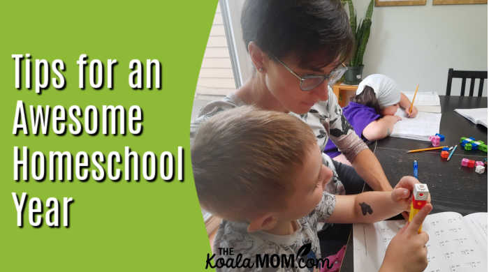 Tips for an Awesome Homeschool Year. Photo of mom helping two kids with math by Bonnie Way.