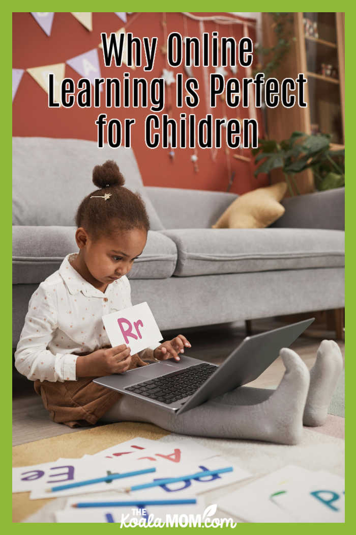 Reasons Why Online Learning Is Perfect for Children. Photo of Kindergarten girl sitting at her laptop holding up a letter Rr sign by Werner Pfennig via Pexels.