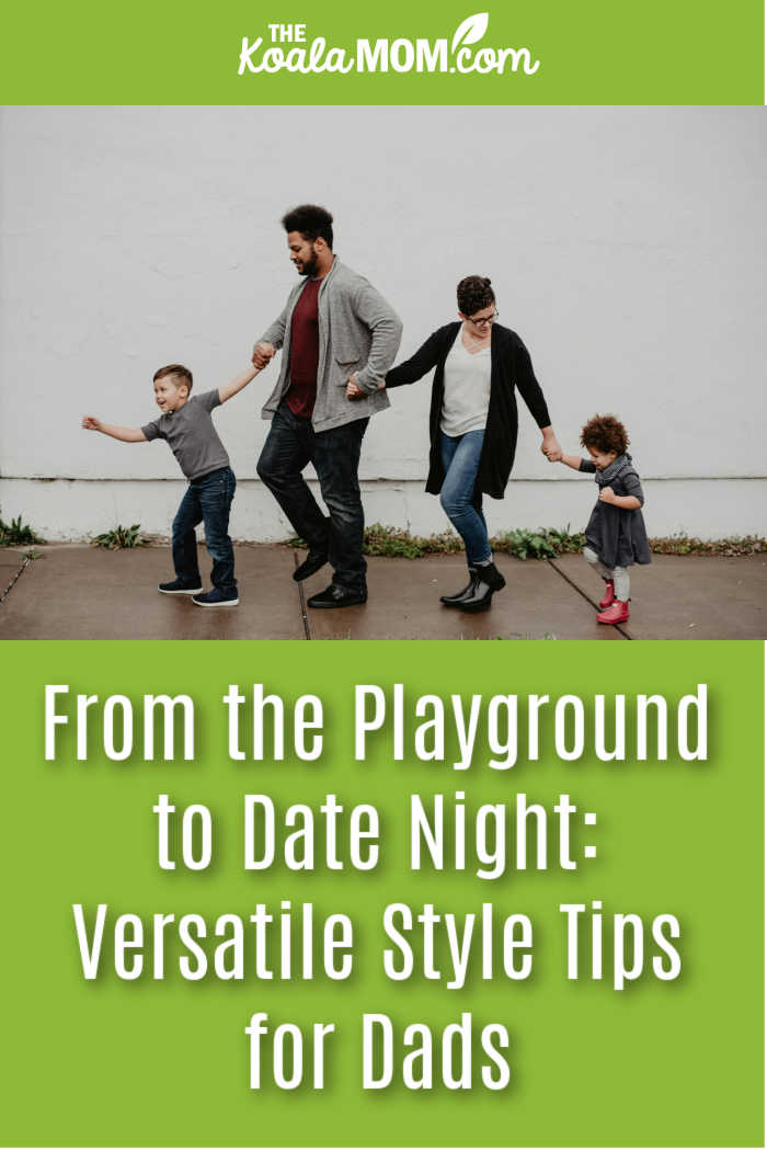 From the Playground to Date Night: Versatile Style Tips for Dads. Photo of family of four walking along a sidewalk by Emma Bauso via Pexels.