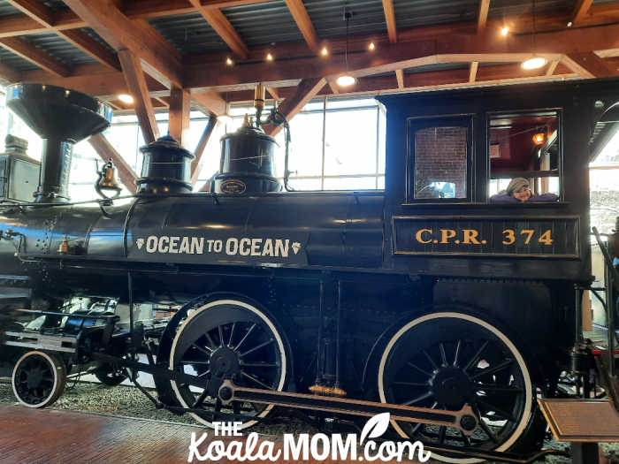 Engine 374 sits in a roundhouse in Vancouver. Photo by Bonnie Way.