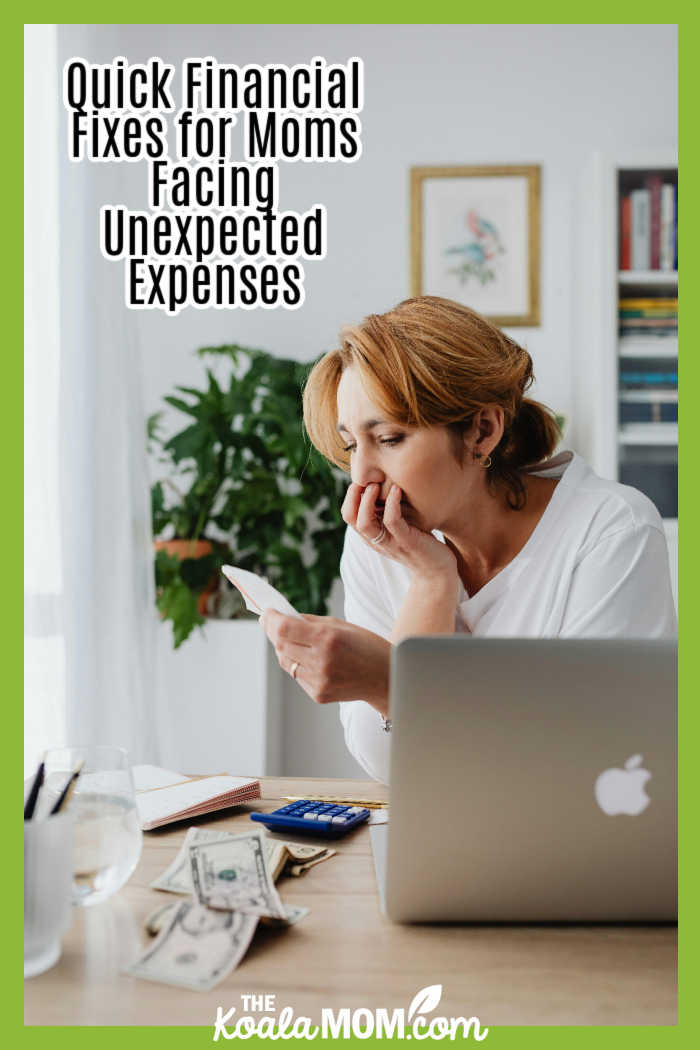 Quick Financial Fixes for Moms Facing Unexpected Expenses. Photo of woman sitting at her laptop with bills on the table nearby by Kaboompics.com via Pexels.