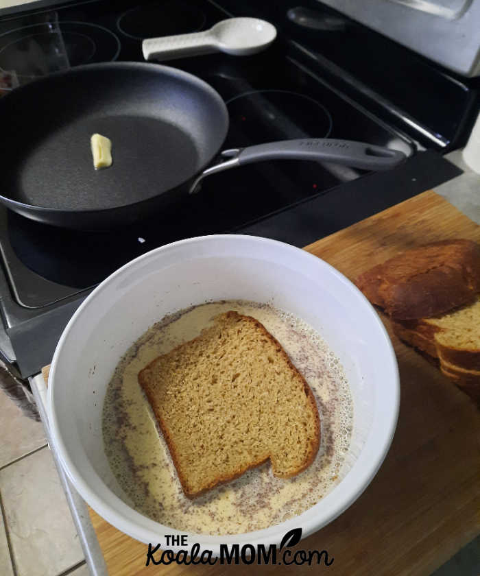 Frying French toast.