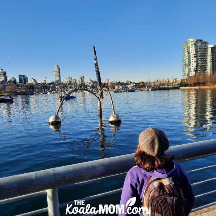 Sculpture in False Creek with solar panels and cormorants on it. Photo by Bonnie Way.