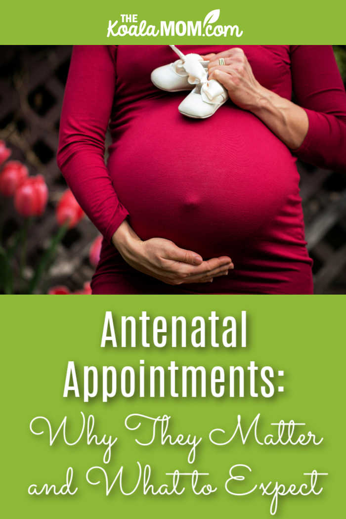 Antenatal Appointments: Why They Matter and What to Expect. Photo of pregnant woman in a red dress holding white baby ballet shoes on top of her tummy by Andre Furtado via Pexels.