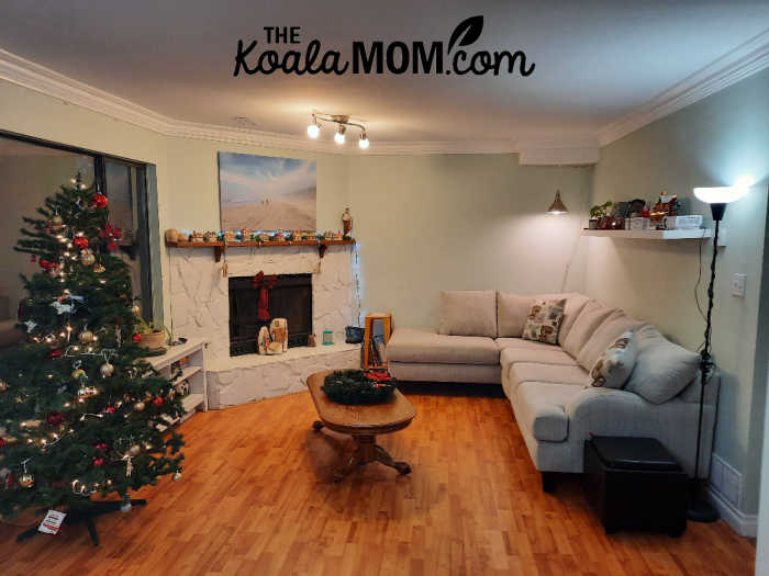 Photo of living room decorated for Christmas.