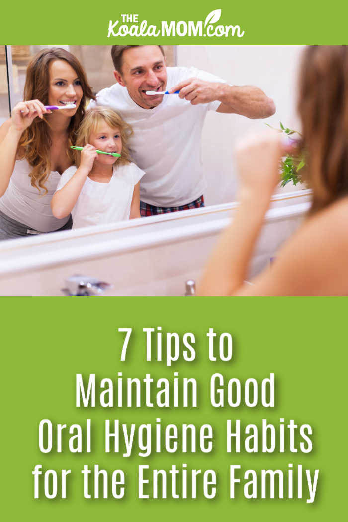 7 Tips to Maintain Good Oral Hygiene Habits for the Entire Family. Photo of mom, dad and child brushing their teeth in the bathroom mirror by gpointstudio via Freepik.