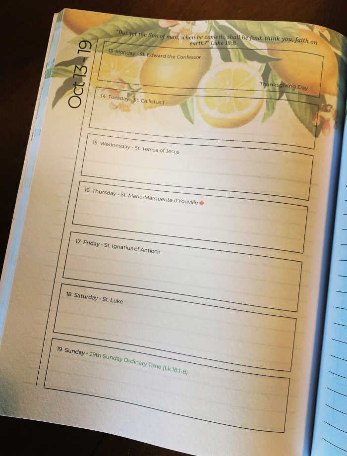 Sarah Gould includes saint feast days in her 2025 Canadian Catholic Day Planner, such as this page from October.