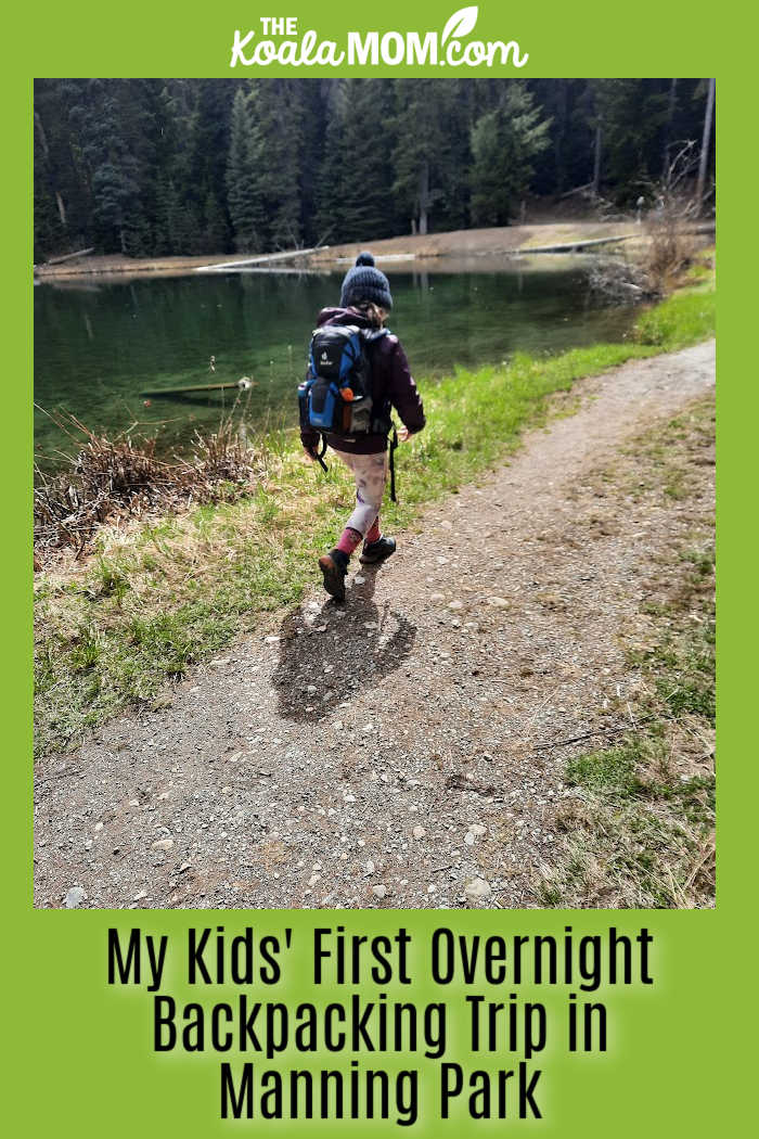 My Kids' First Overnight Backpacking Trip in Manning Park. Photo of 8-year-old with a backpack hiking a trail by Bonnie Way.