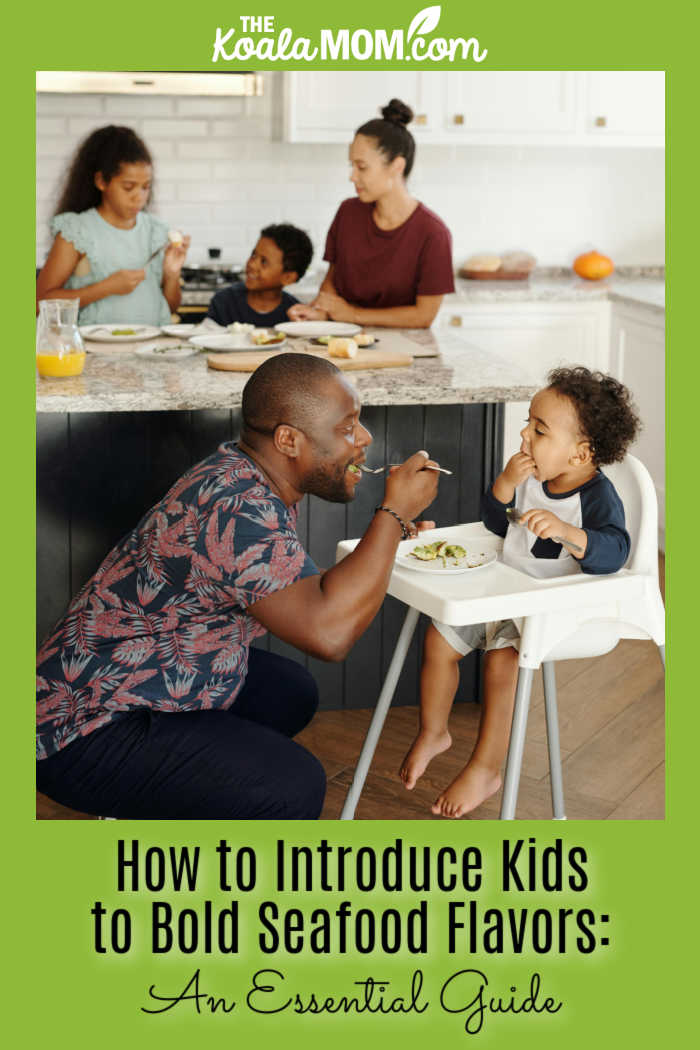 How to Introduce Kids to Bold Seafood Flavors: An Essential Guide. Photo of family eating together, with dad helping baby in a high chair eat, by Vanessa Loring via Pewels.