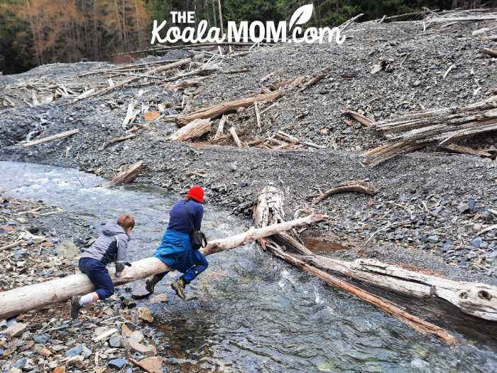 Two kids bum-scoot across a stream on a log bridge.