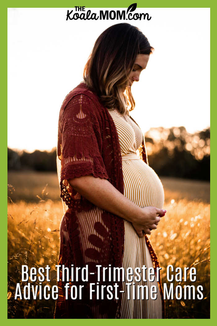 Best Third-Trimester Care Advice for First-Time Moms. Photo of pregnant woman standing in a field holding her belly by Devon Divine on Unsplash.