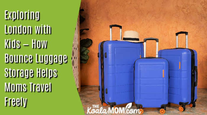 Exploring London with Kids—How Bounce Luggage Storage Helps Moms Travel Freely. Photo of three blue suitcases in front of an orange wall by American Green Travel on Unsplash.