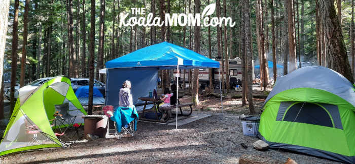 Campground with tent and shelters set up. Photo by Bonnie Way.