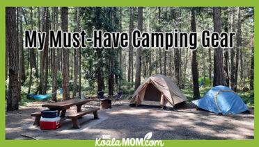 My Must-Have Camping Gear. Photo of a brown tent and a blue tent beside a picnic table in a campground by Bonnie Way.