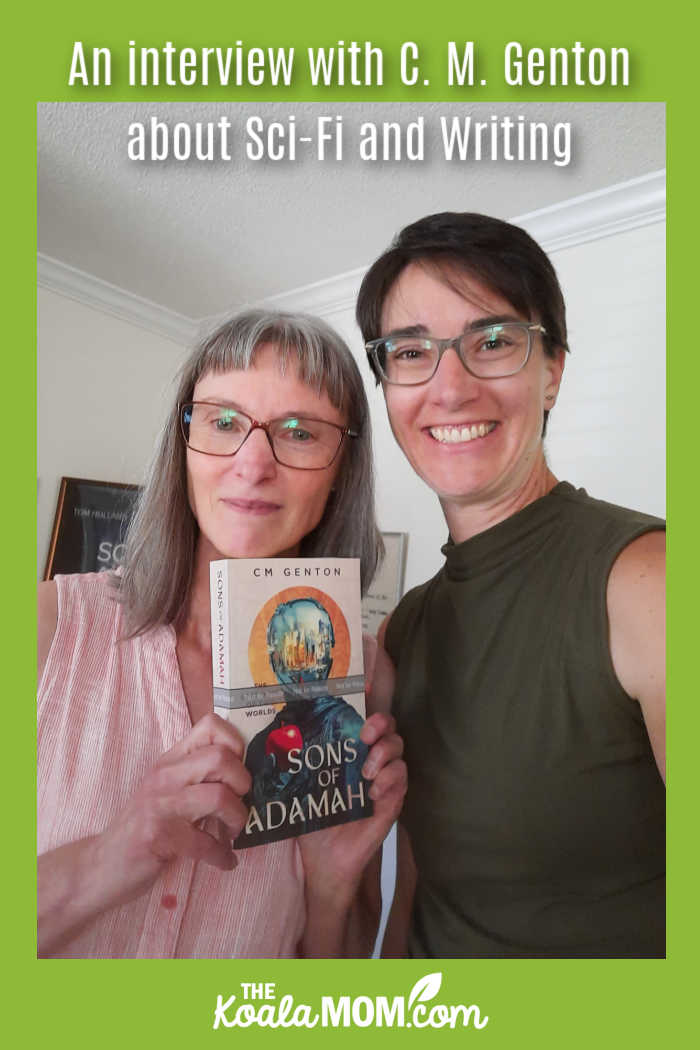 An interview with C. M. Genton about Sci-Fi and Writing. Photo of Bonnie Way with C.M. Genton holding a copy of her novel taken by Bonnie Way.