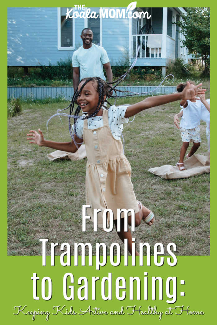 From Trampolines to Gardening: Keeping Kids Active (and Healthy) at Home. Photo of black girl running through yard while her smiling dad watches by Ron Lach via Pexels.