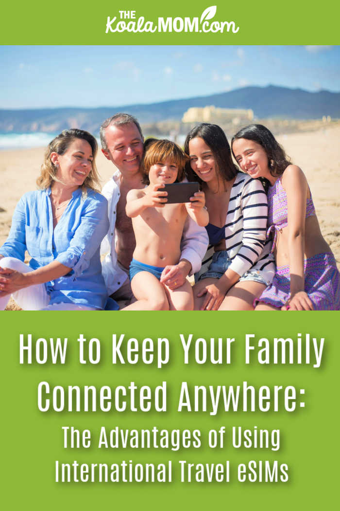 How to Keep Your Family Connected Anywhere: The Advantages of Using International Travel eSIMs. Photo of happy family sitting on beach while child on dad's lap takes a selfie by Kampus Production via Pexels.