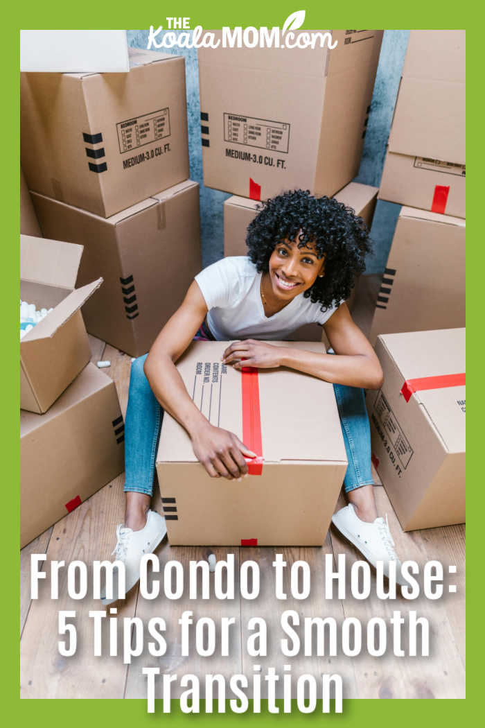 From Condo to House: 5 Tips for a Smooth Transition. Photo of Woman in White T-shirt and Blue Denim Jeans with Afro hair Sitting on Brown Cardboard Box by RDNE Stock project via Pexels.