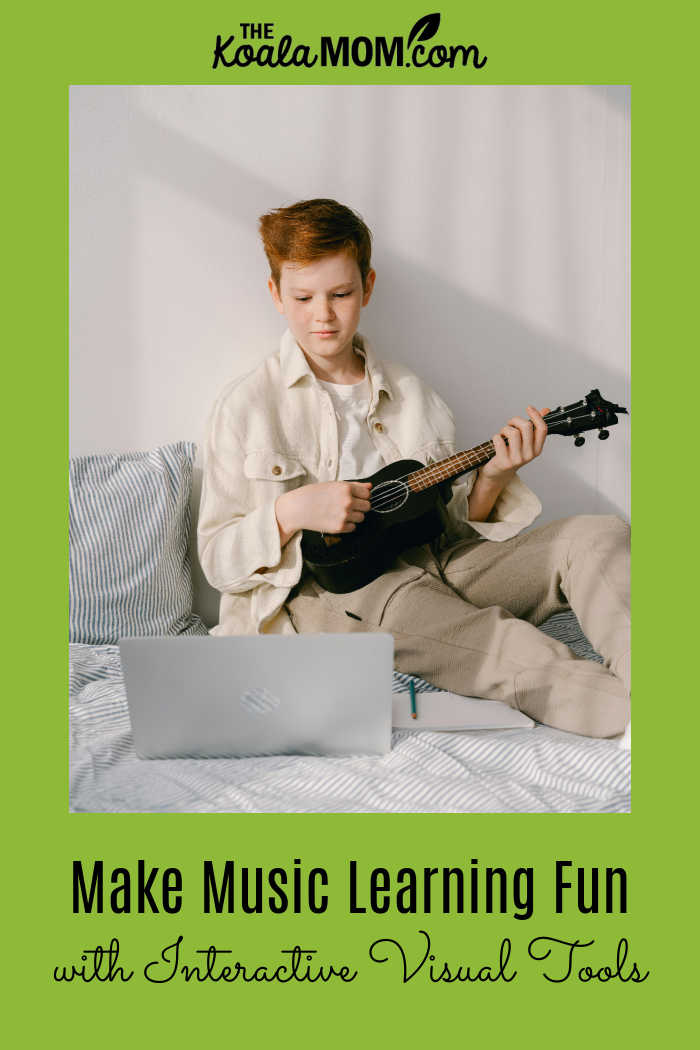 Make Music Learning Fun with Interactive Visual Tools. Photo of a boy playing a ukulele while looking at a laptop by Mikhail Nilov via Pexels.