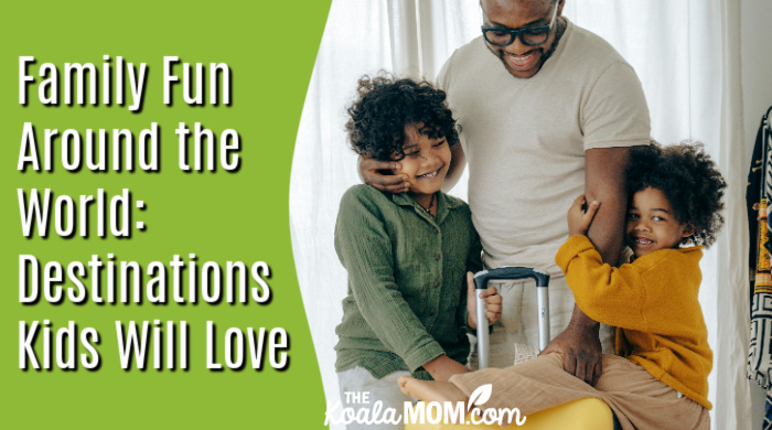 Family Fun Around the World: Destinations Kids Will Love. Photo of dad and two kids hanging out with a yellow suitcase by Ketut Subiyanto via Pexels.