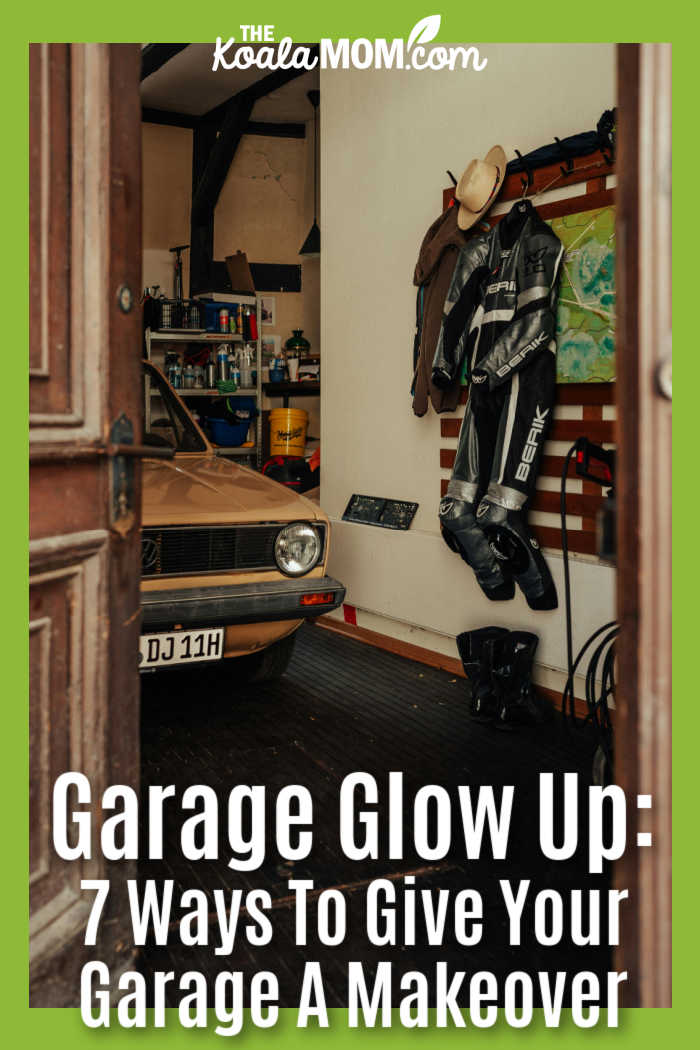 Garage Glow Up: 7 Ways To Give Your Garage A Makeover. Photo of motorcycle gear hanging on a hook and the corner of a Volkswagen car visible through an open garage door by Levent Simsek via Pexels.