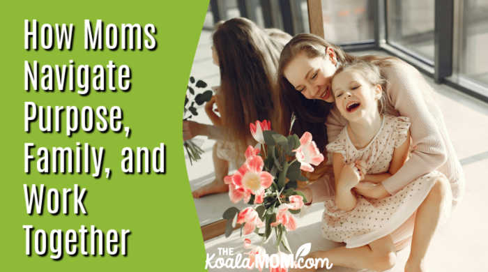 How Moms Navigate Purpose, Family, and Work Together. Photo of mom holding laughing daughter and a bouquet of flowers in front of a mirror by Gustavo Fring via Pexels.