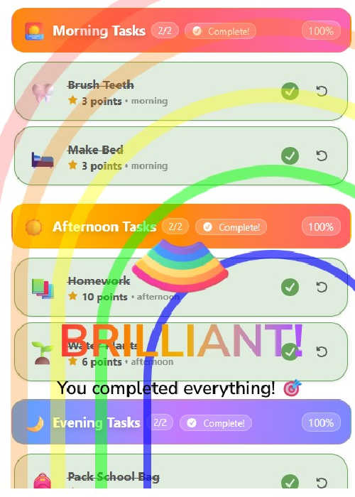 Screenshot of MyChoreBoard app, showing encouraging animation for task completed.