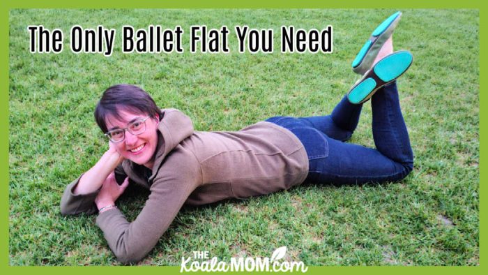 The Only Ballet Flat You Need. Photo of Bonnie Way laying on the lawn with her Tieks ballet flats on her feet by her daughter.