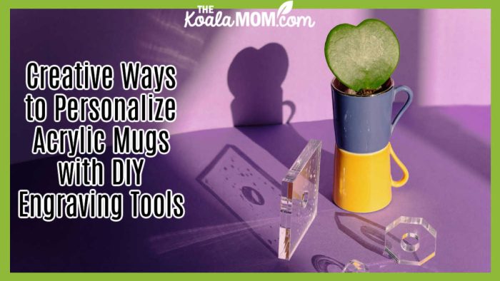 Creative Ways to Personalize Acrylic Mugs with DIY Engraving Tools. Photo of Creative still life with heart-shaped leaf in colorful mug and geometric shapes on purple background by Ksenia Chernaya via Pexels.