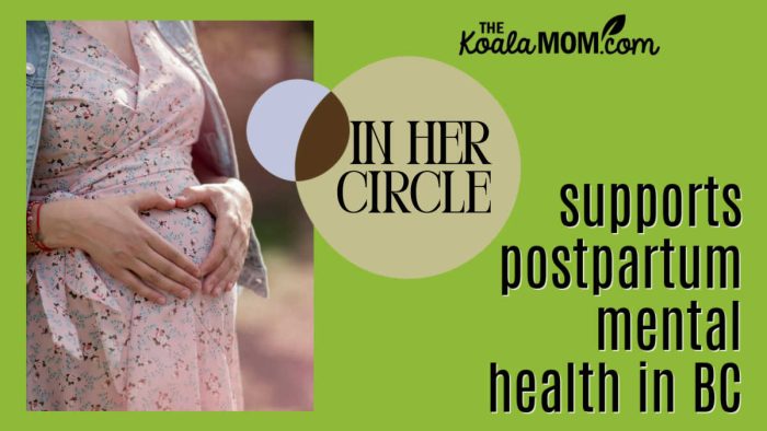In Her Circle supports postpartum mental health in BC. Image of pregnant mom in a pink floral dress holding her hands in a heart shape over her tummy by Анастасия Триббиани via Pexels.