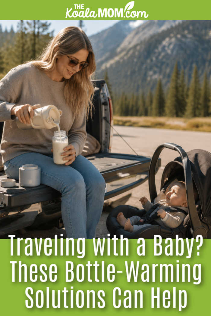Traveling with a Baby? These Bottle-Warming Solutions Can Help. Provided stock photo of mom sitting on a truck tailgate in a scenic location, pouring milk from a thermos into a baby bottle, while baby in a car seat looks on.