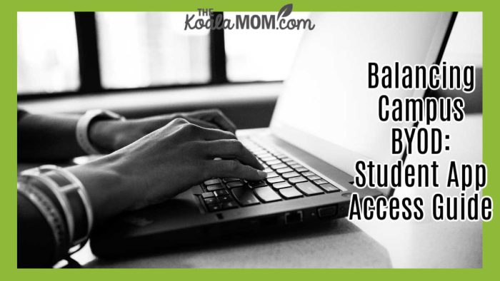 Balancing Campus BYOD: Student App Access Guide. Black and white photo of hands over a laptop keyboard by Christina Morillo via Pexels.