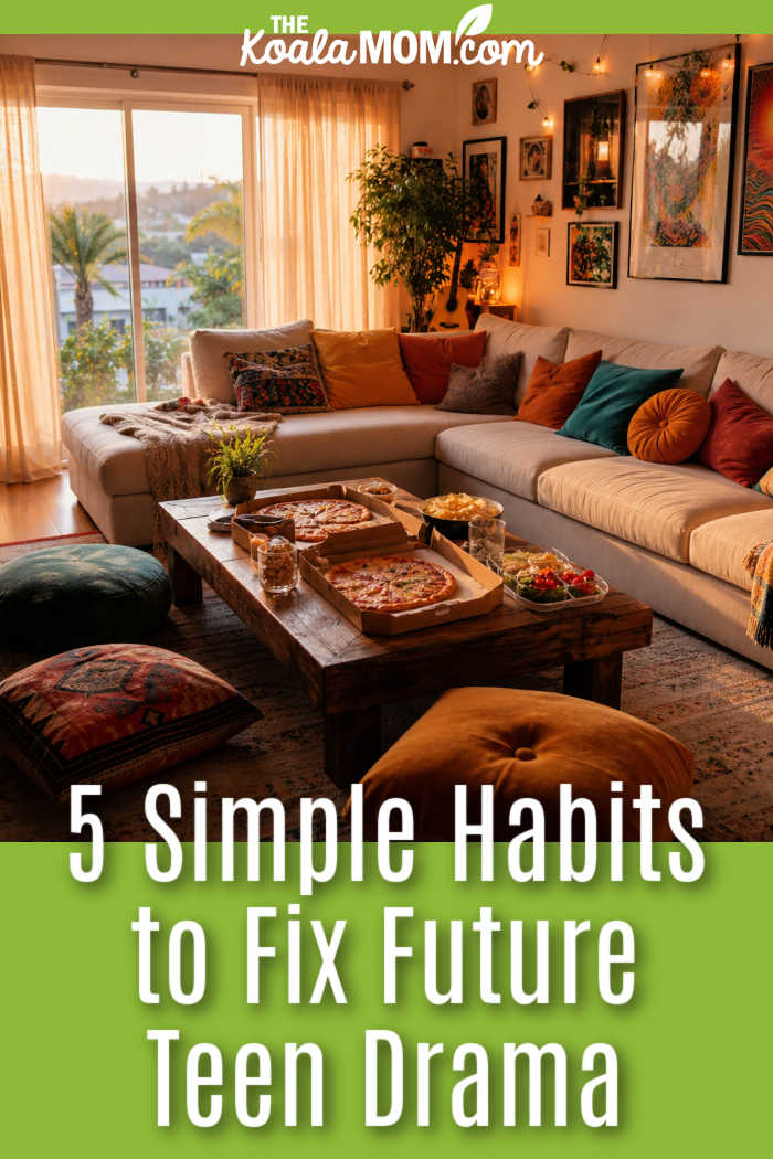 5 Simple Habits to Fix Future Teen Drama. Stock photo of comfy living room with pizzas sitting on the coffee table.