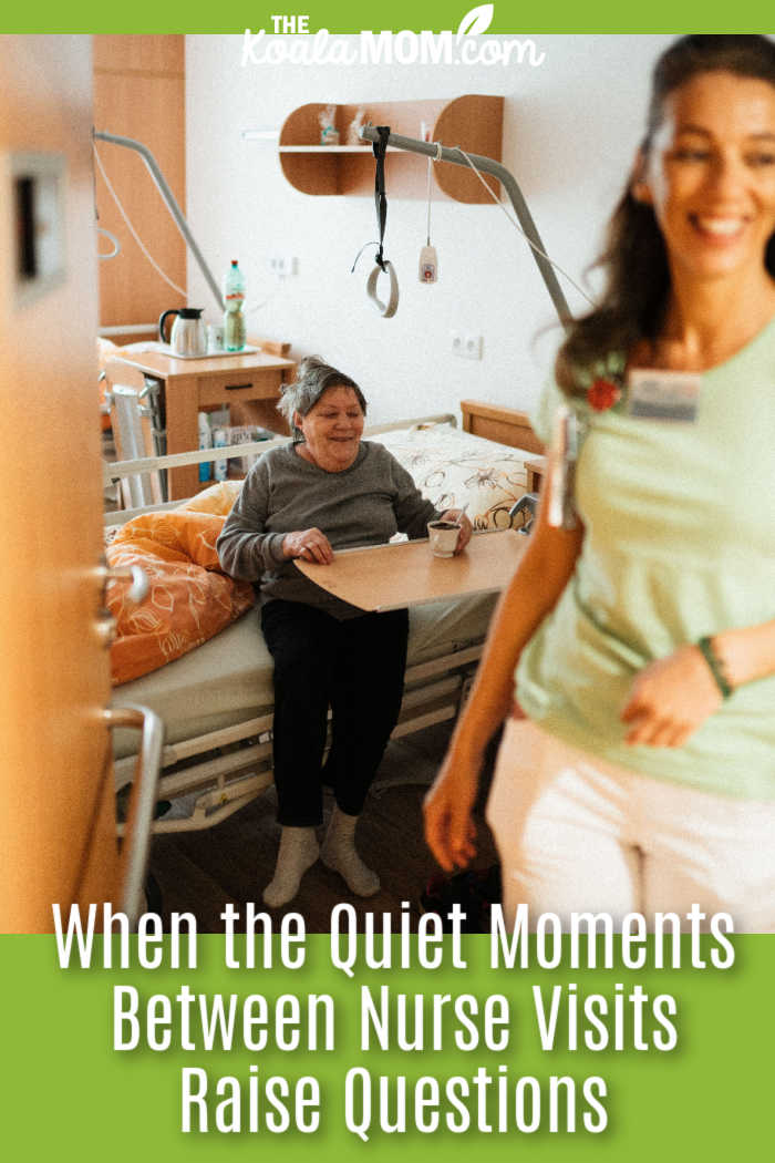 When the Quiet Moments Between Nurse Visits Raise Questions. Photo of smiling nurse walking out of hospital room where woman sits at her food tray on the edge of her bed by Jsme MILA via Pexels.