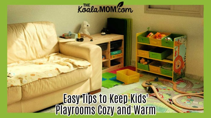 Easy Tips to Keep Kids' Playrooms Cozy and Warm. Photo of playroom with a yellow couch, multi-color toy bin and rugs on the floor by Roman Kravtsov via Unsplash.