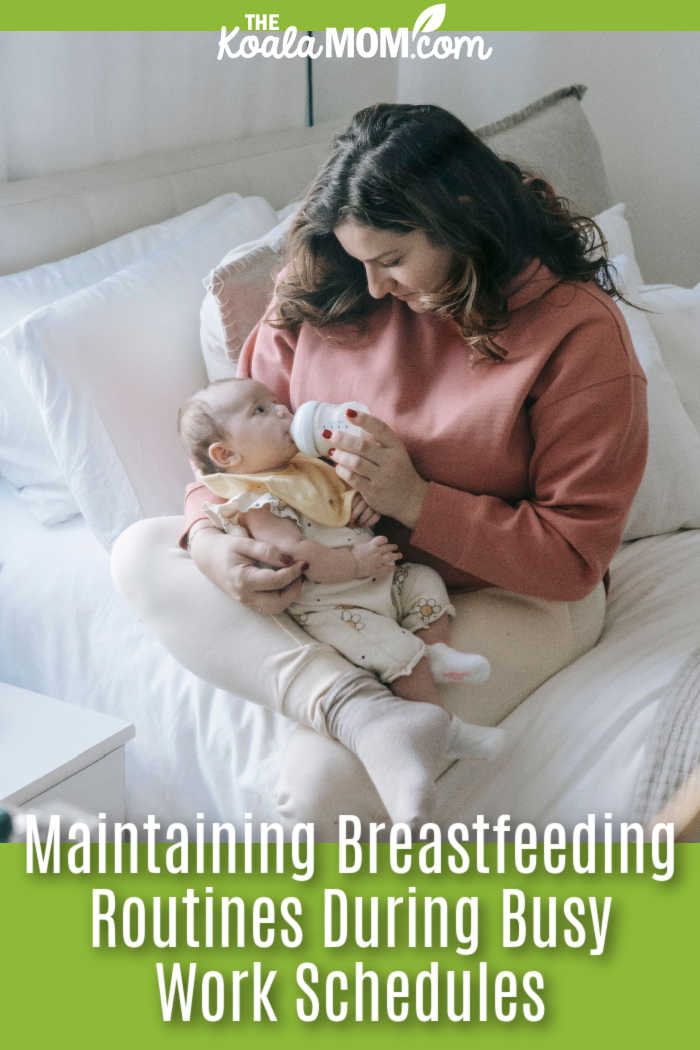 Maintaining Breastfeeding Routines During Busy Work Schedules. Photo of mom bottle-feeding baby by Sarah Chai via Pexels.