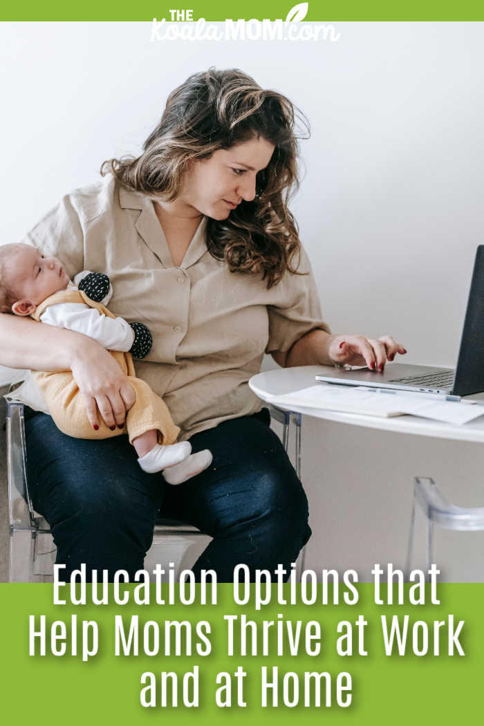 Education Options that Help Moms Thrive at Work and at Home. Photo of mom working at laptop while holding a baby in her lap by Sarah Chai via Pexels.