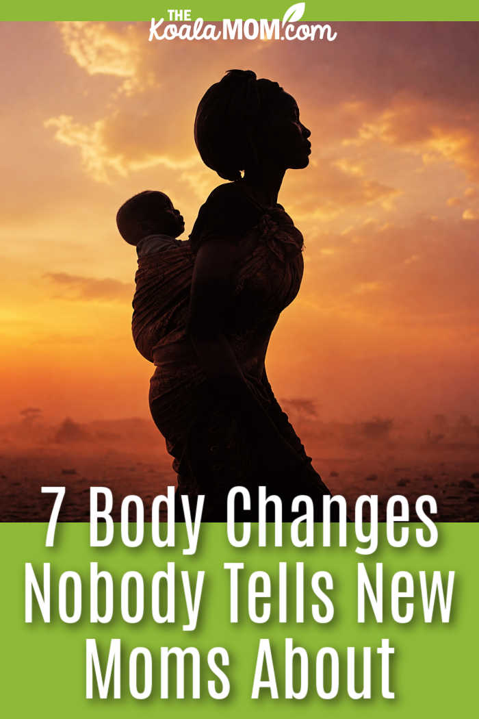 7 Body Changes Nobody Tells New Moms. Stock photo of African woman with her baby on her back silhouetted against a sunset.