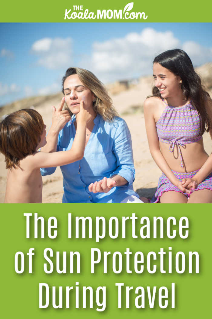 The Importance of Sun Protection During Travel. Photo of blonde boy putting sunscreen on his mom's face while a smiling sister looks on by Kampus Production via Unsplash.