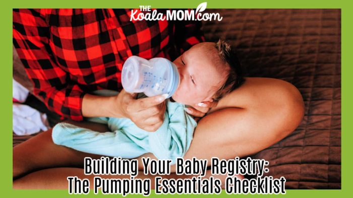 Building Your Baby Registry: The Pumping Essentials Checklist. Photo of a mom wearing a red and black checked shirt and sitting cross-legged with baby on her legs drinking a bottle by Helena Lopes via Pexels.