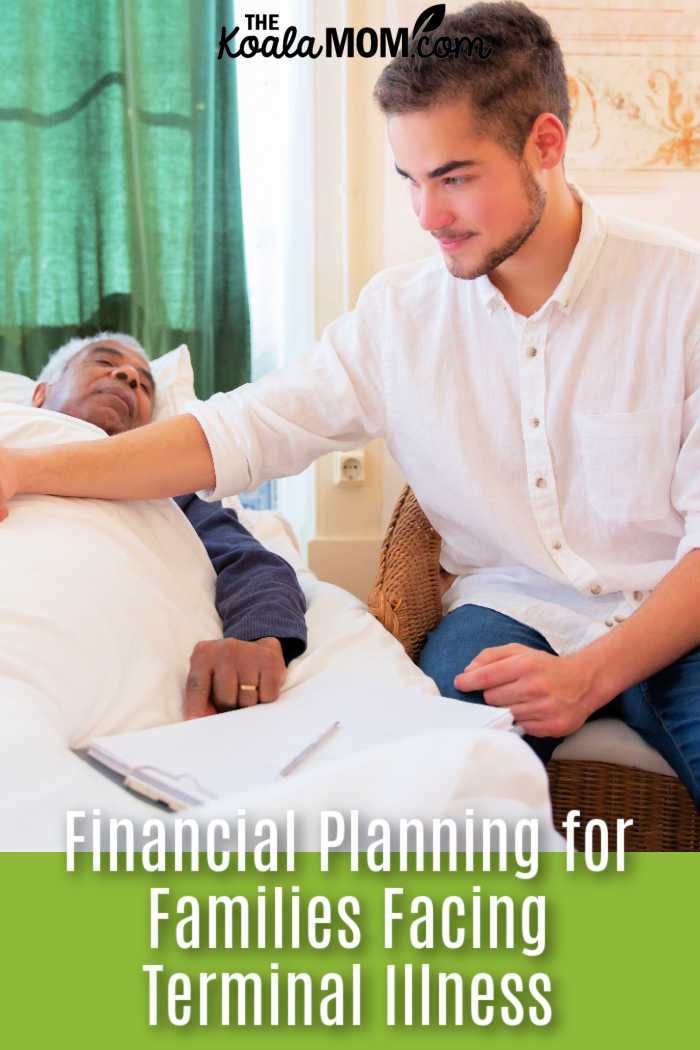 Financial Planning for Families Facing Terminal Illness. Photo of young man holding an older man's hand, as he lays in hospital bed, with papers on clipboard on the bed, by Kampus Production via Pexels.