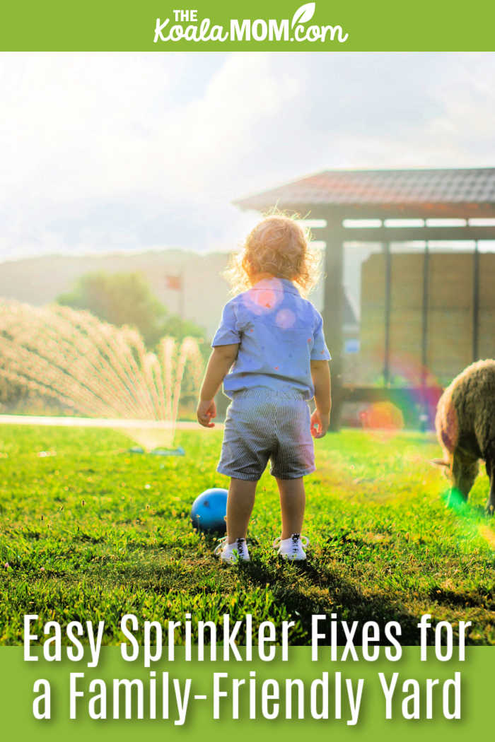 Easy Sprinkler Fixes for a Family-Friendly Yard. Photo of child with back to camera, looking at a blue ball and a tall lawn sprinkler, by Andy Kuzma via Pexels.