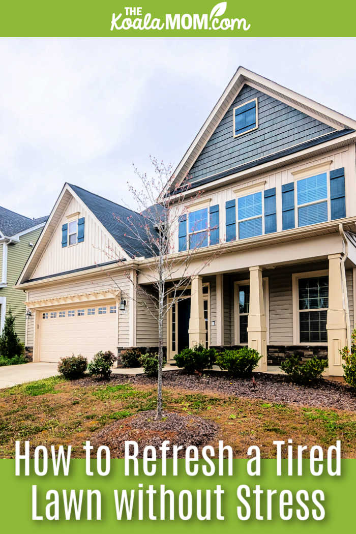 How to Refresh a Tired Lawn without Major Stress. Photo of brownish lawn in front of large house by Curtis Adams via Pexels.