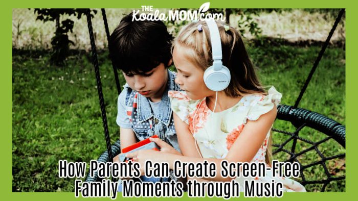 How Parents Can Create Screen-Free Family Moments through Music. Photo of girl and boy sitting in a swing together, listening to music, by Vika Glitter via Pexels.