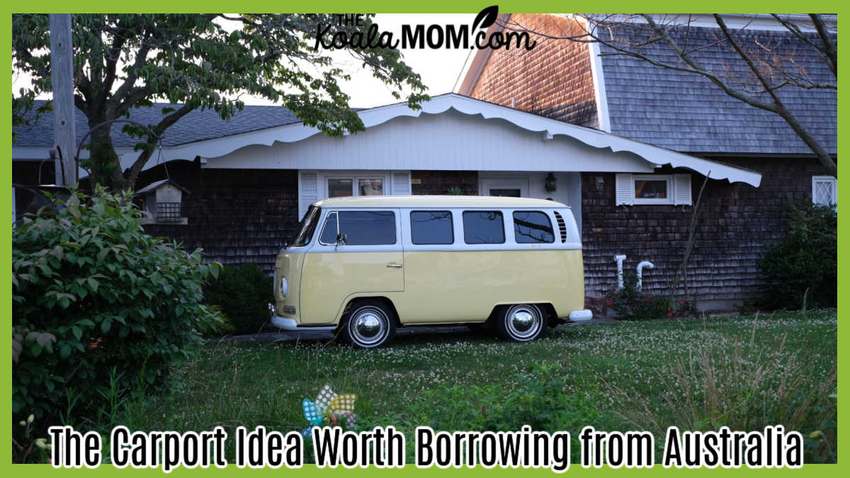 The Carport Idea Worth Borrowing from Australia. Photo of a yellow VW van parked in front of a low brown home by Nik Cvetkovic via Pexels.