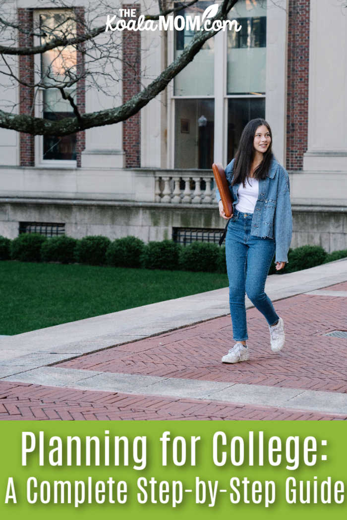 Planning for College: A Complete Step-by-Step Guide. Photo of girl wearing white and denim, holding a binder on her hip, walking on a college campus by George Pak via Pexels.
