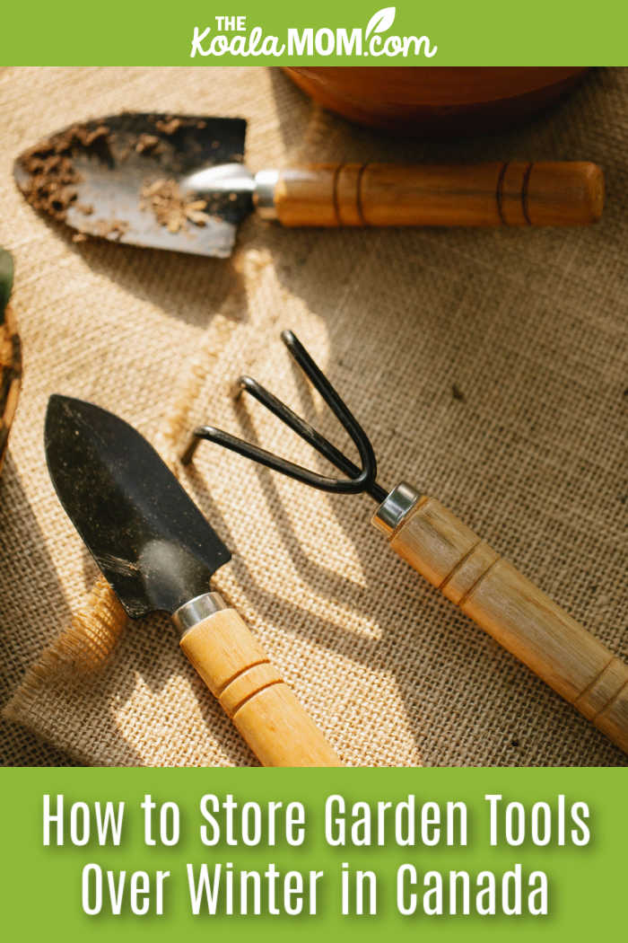 How to Store Garden Tools Over Winter in Canada. Photo of wood-handled garden tools sitting on a beige mat by Gary Barnes via Pexels.