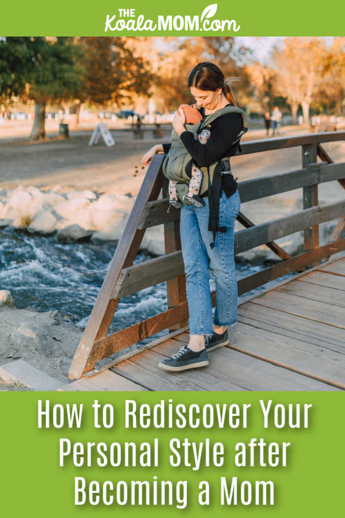 How to Rediscover Your Personal Style after Becoming a Mom. Photo of mom wearing jeans a black sweater, kissing the forehead of the baby in her baby carrier, by RDNE Stock project via Pexels.